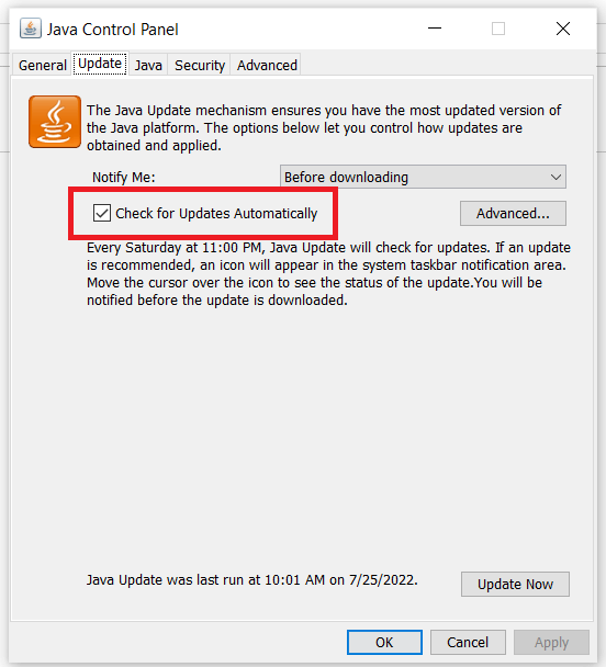 nonaktifkan notifikasi update java windows 10